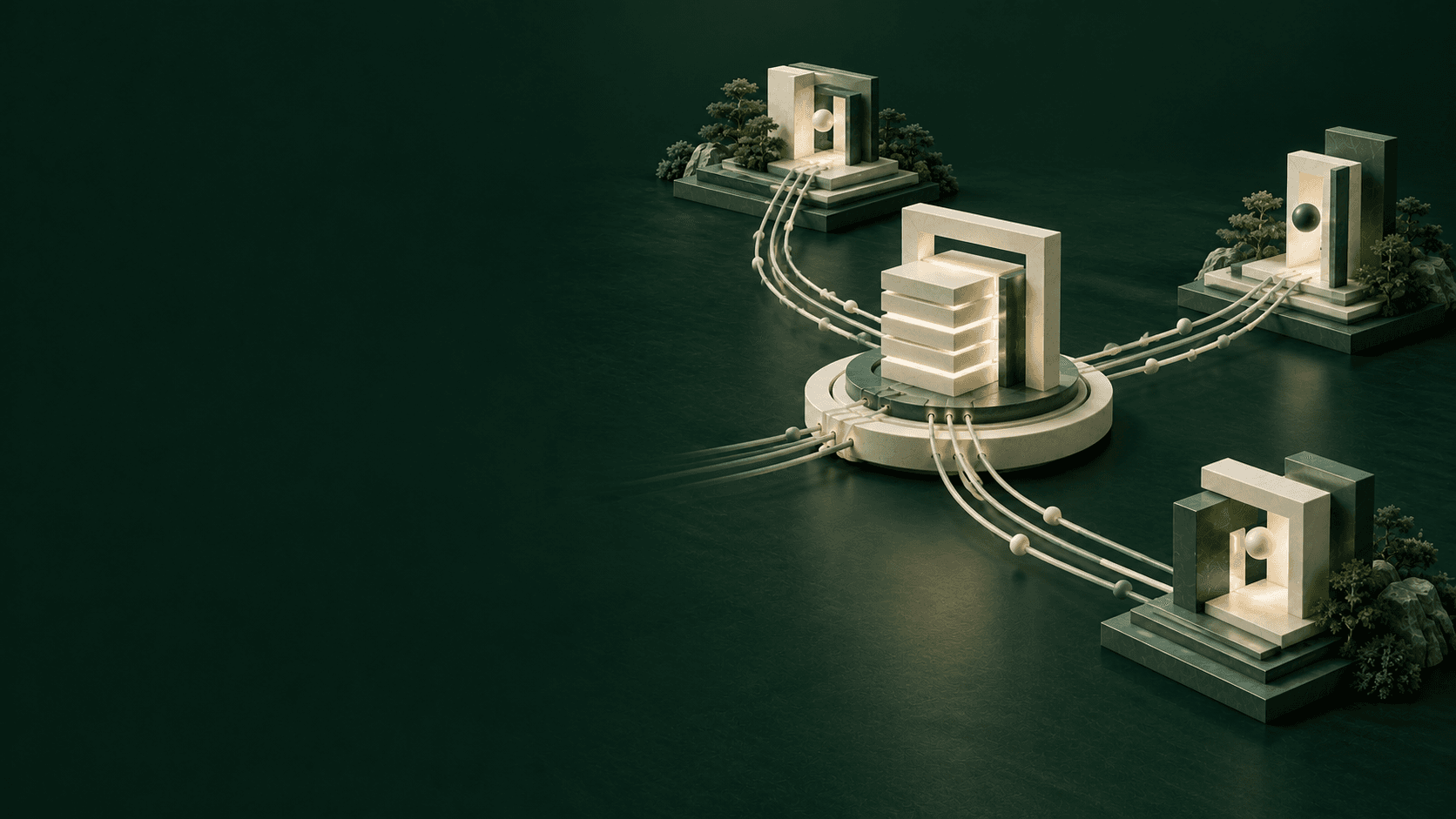 An ivory infrastructure core connects sage modular platforms, illustrating technical leadership across client projects.