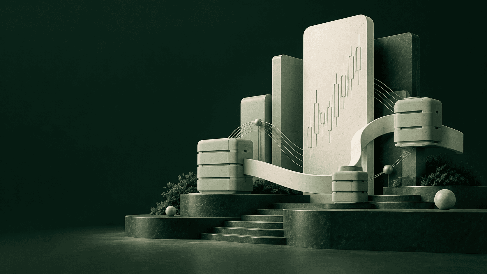 Sage infrastructure modules linked by ivory bridges around an abstract trading panel.